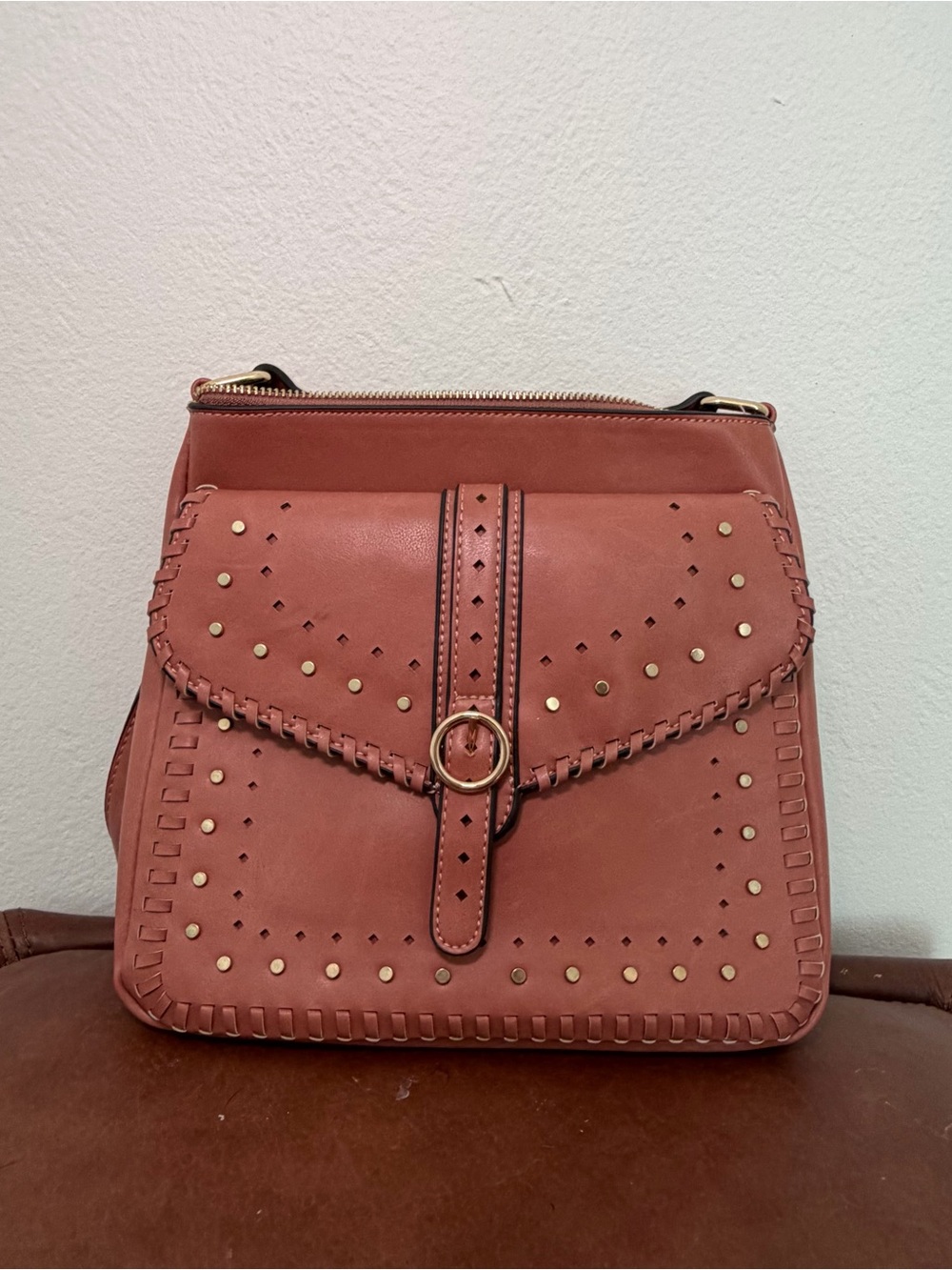 Sole Society Studded Crossbody Bag in Rusty Coral